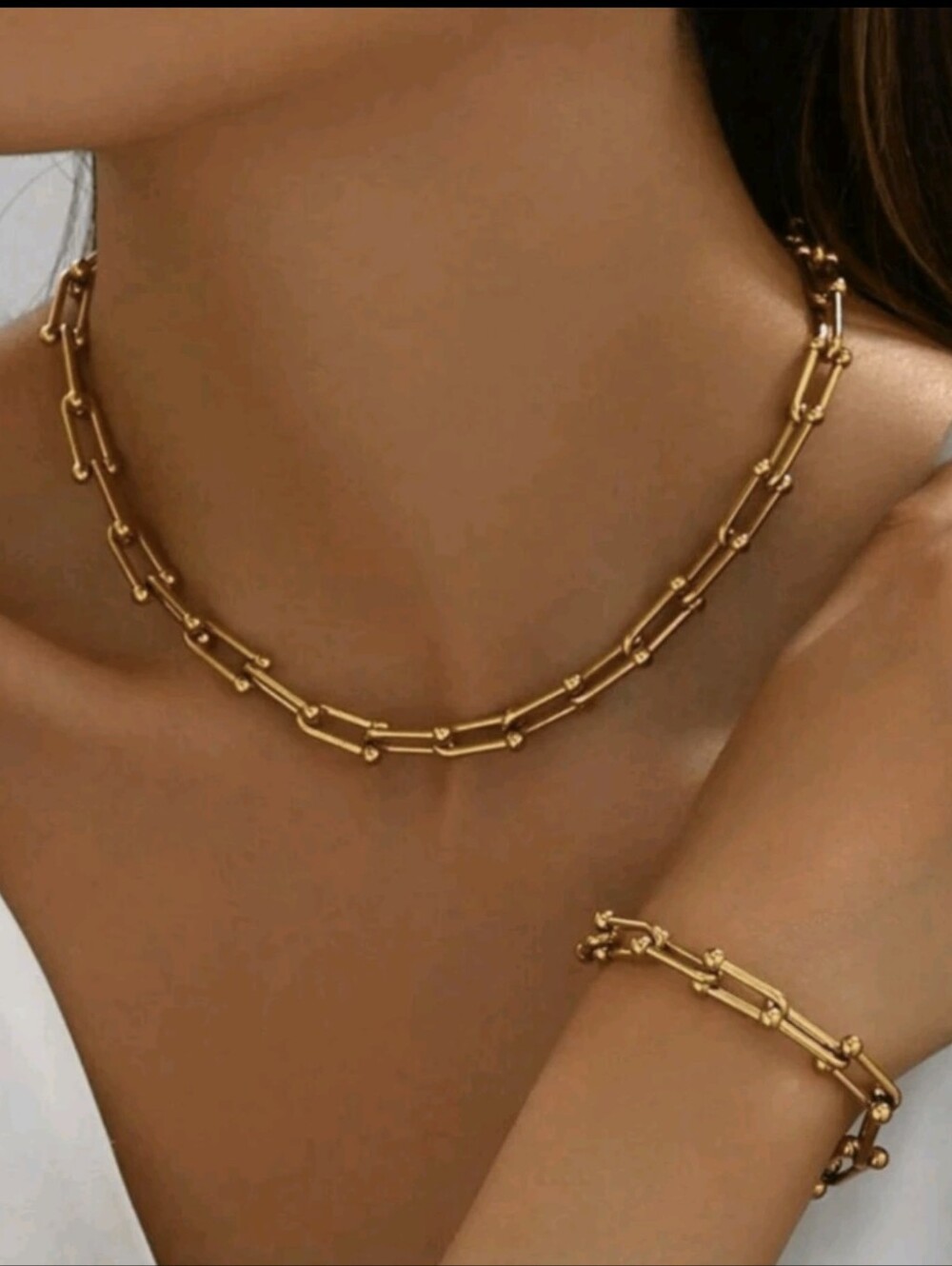 18K Gold Plated U Link Stainless Steel Horseshoe Chain Necklace & Bracelet